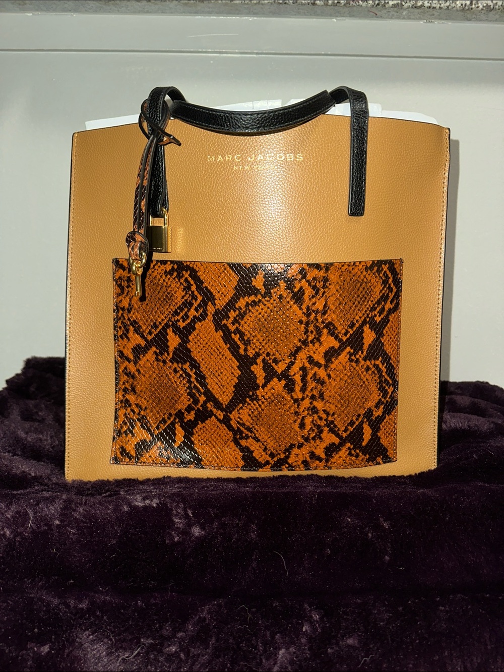 Marc Jacobs Two-Tone Tan Tote with Black Handles and Orange Snake Pocket